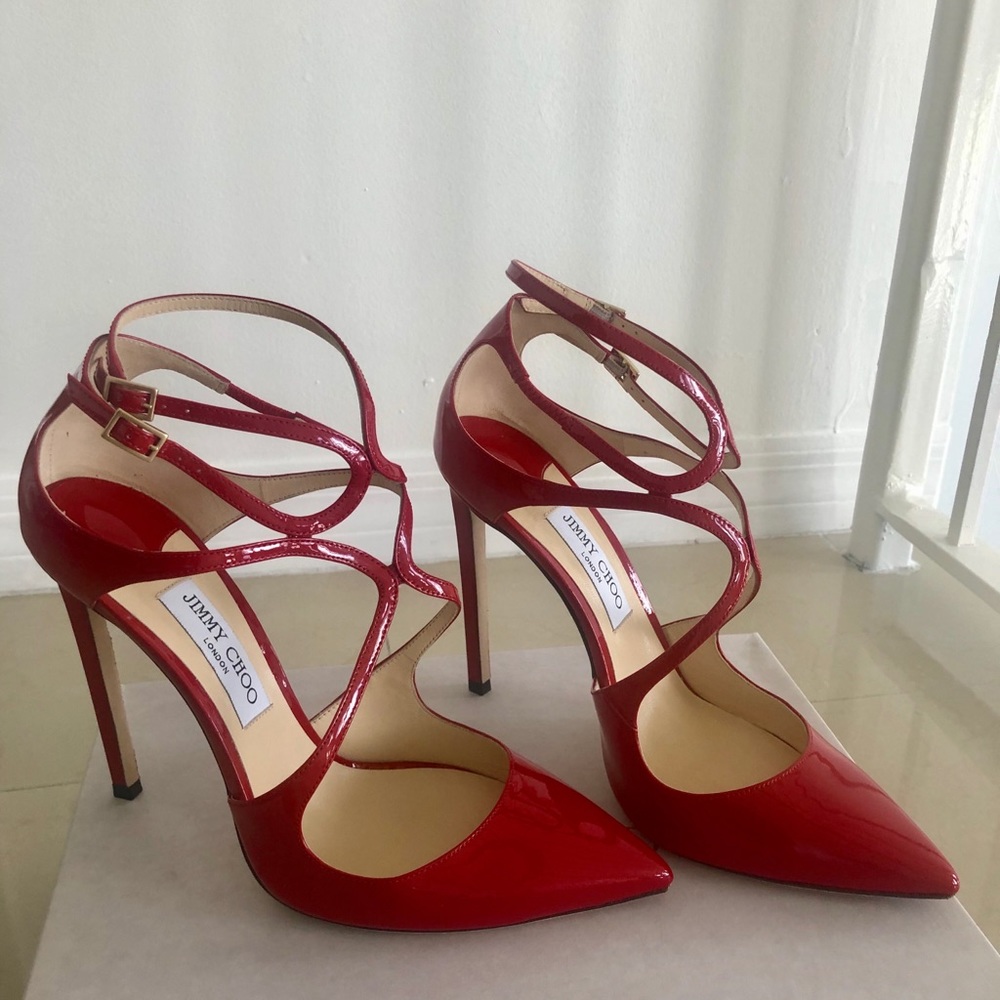 Jimmy Choo Red Patent Leather Strappy Pointed-Toe Heels - Picture 5 of 8